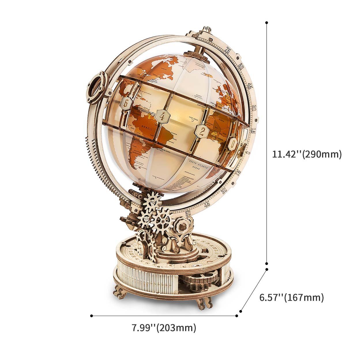 ROKR Luminous Globe ST003 size graphic showing 203 mm width and 290 mm height
