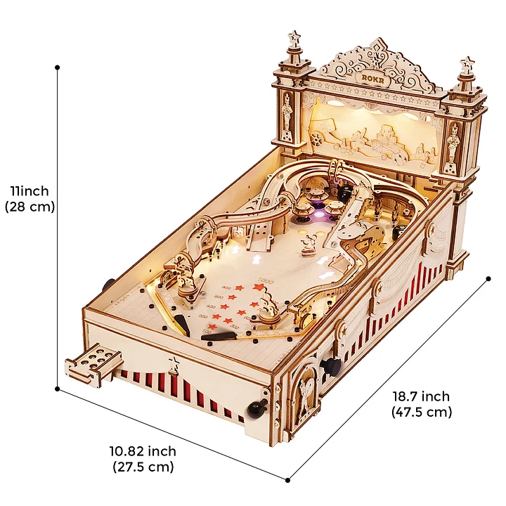 ROKR 3D Pinball EG01 size graphic with assembled dimensions