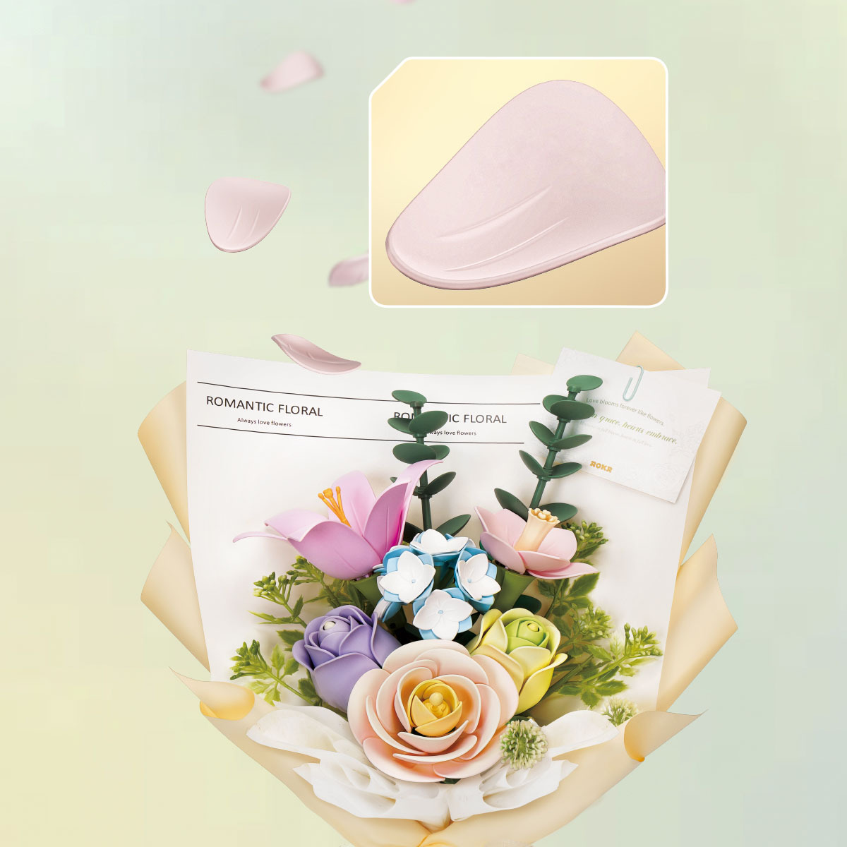 ROKR Spring Time Bouquet AF01J gros plan des pétales et bouquet emballé