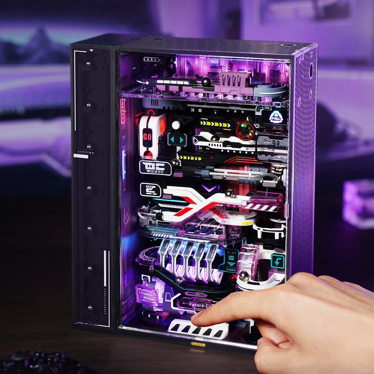 ROKR The Future City MR02S front control scene with purple lighting