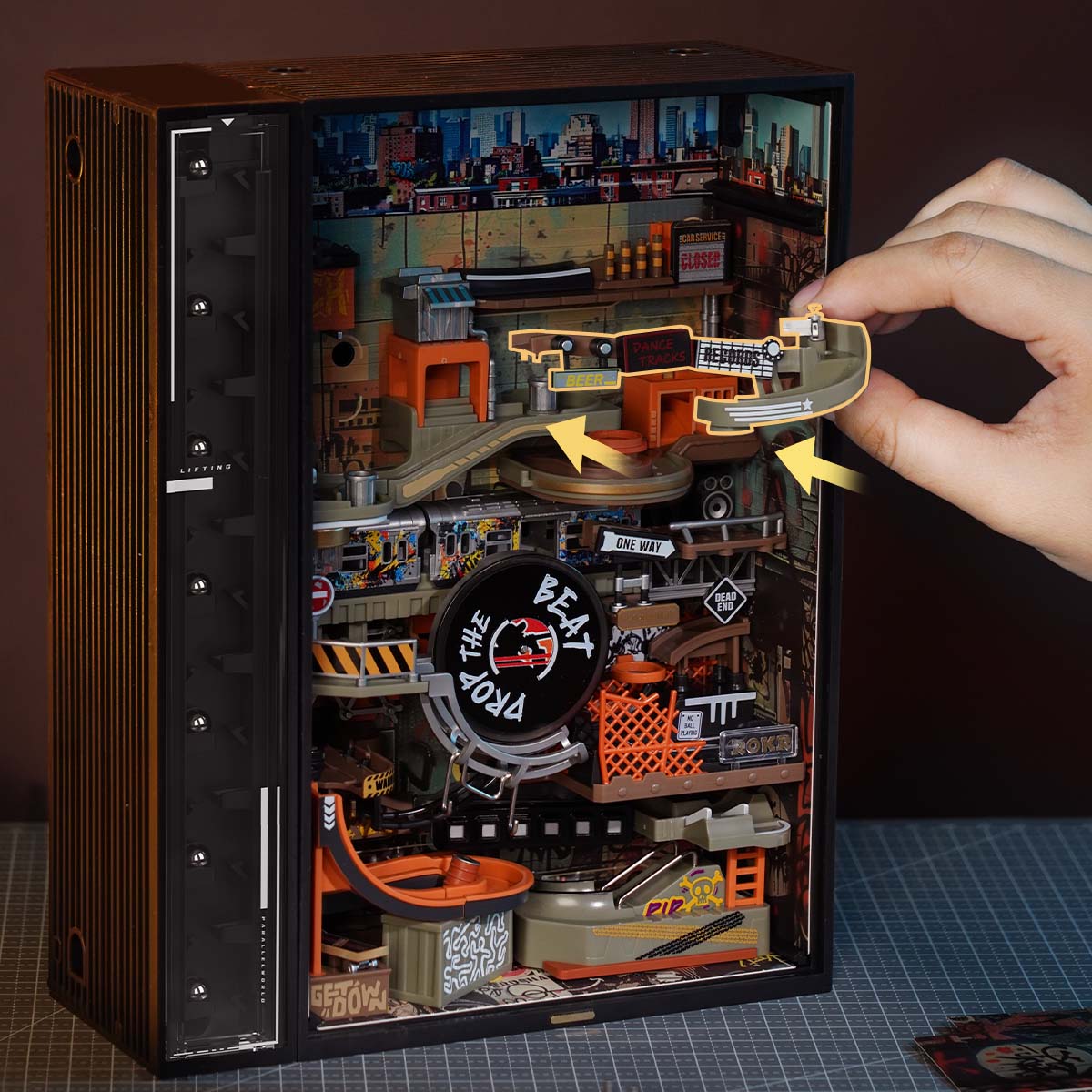 ROKR Hip-Hop Street MR03S modular cabinet opened for marble placement