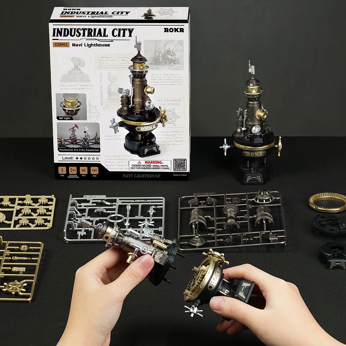 Navi Lighthouse assembly scene with package, sheets, and completed model