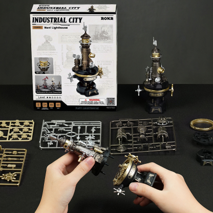 Navi Lighthouse assembly scene with package, sheets, and completed model