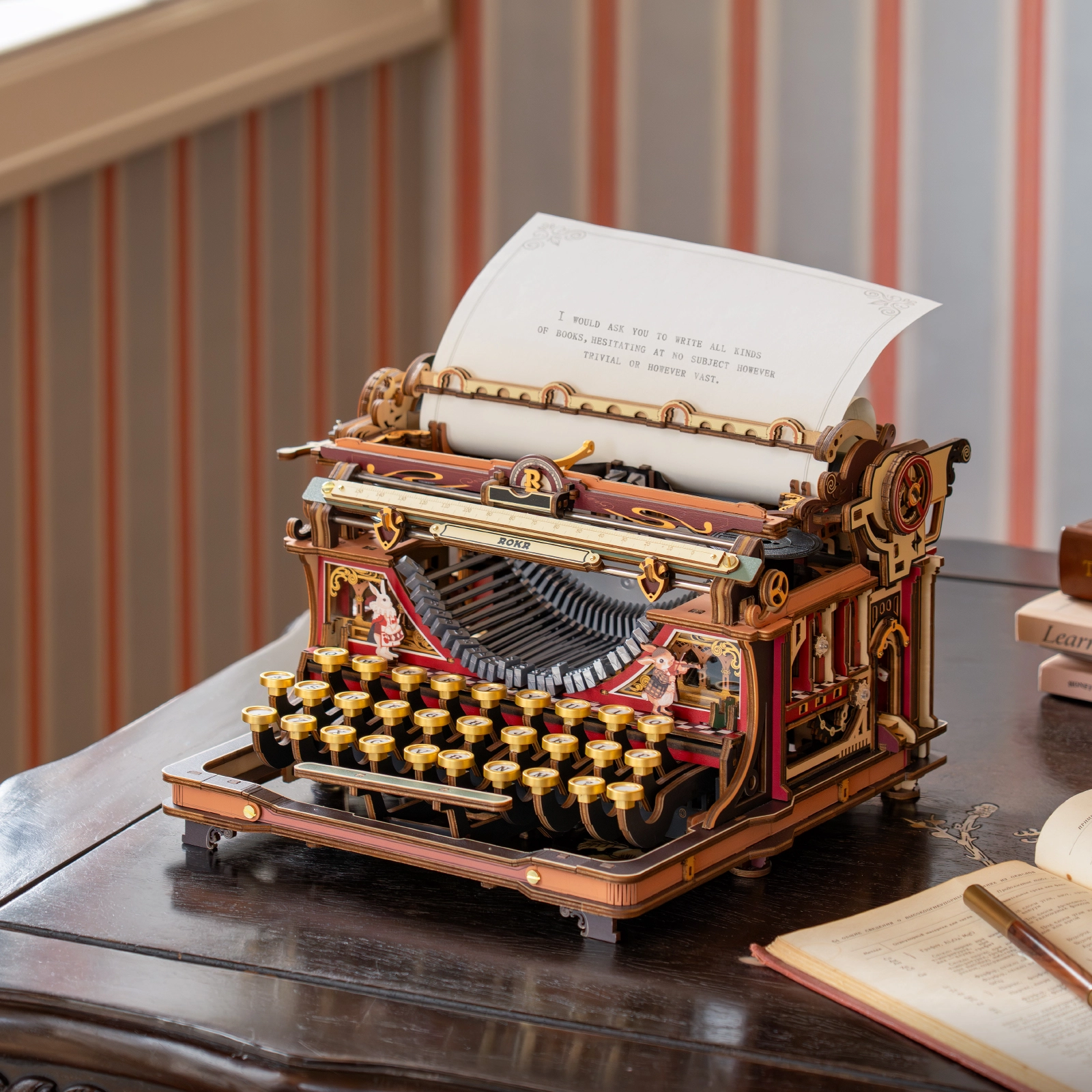 ROKR Mechanical Typewriter LK703C front view on striped backdrop