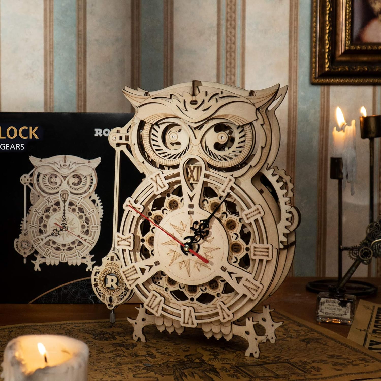 ROKR Owl Clock LK503 owl clock front view with product box