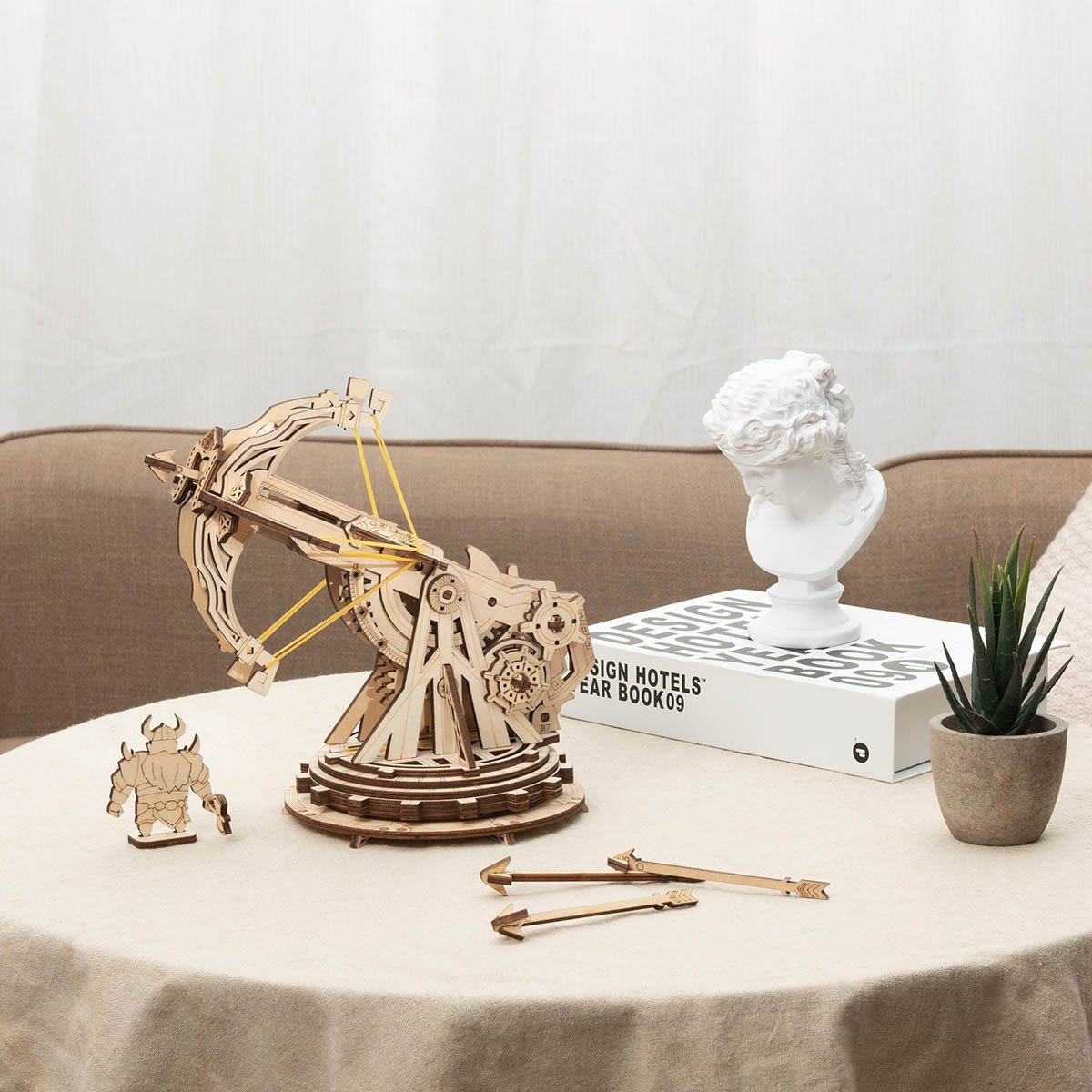 ROKR Siege Heavy Ballista KW401 wooden model on table with accessories