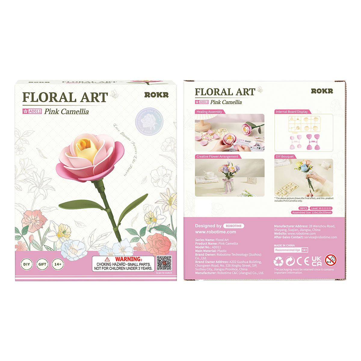 ROKR Art Floral Paquet de Camélia Rose devant et derrière avec instructions de fleurs