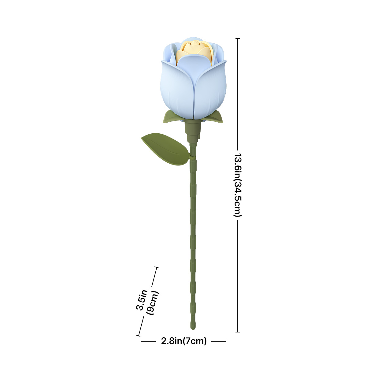 ROKR Floral Art Blue Rose taille graphique montrant 7 cm de largeur et 38 cm de hauteur