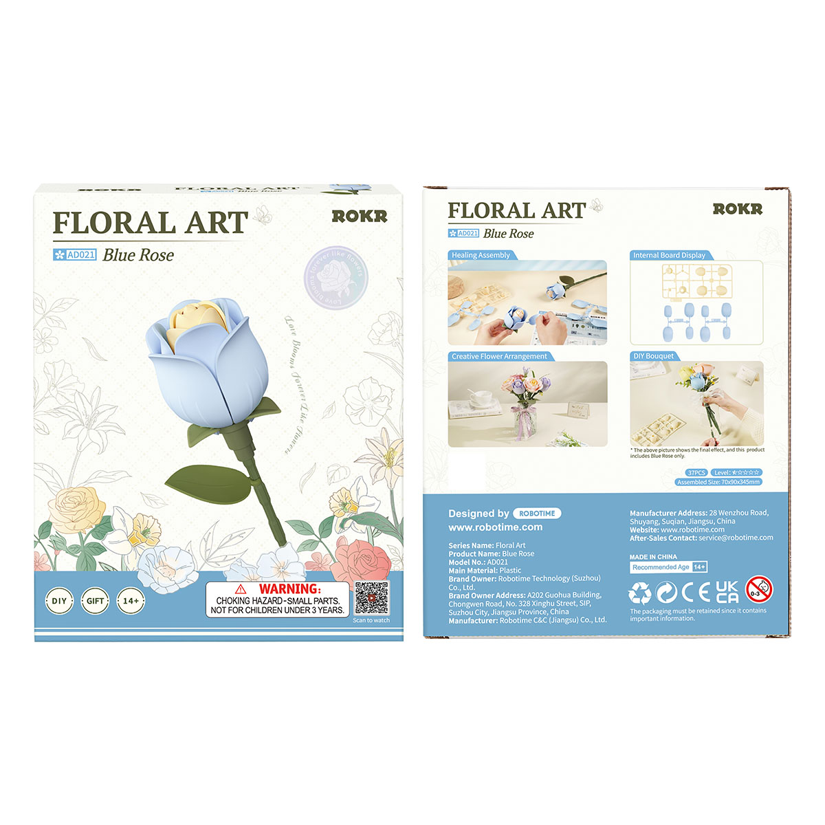 ROKR Art Floral Paquet de Rose Bleue devant et derrière avec panneaux d'instructions