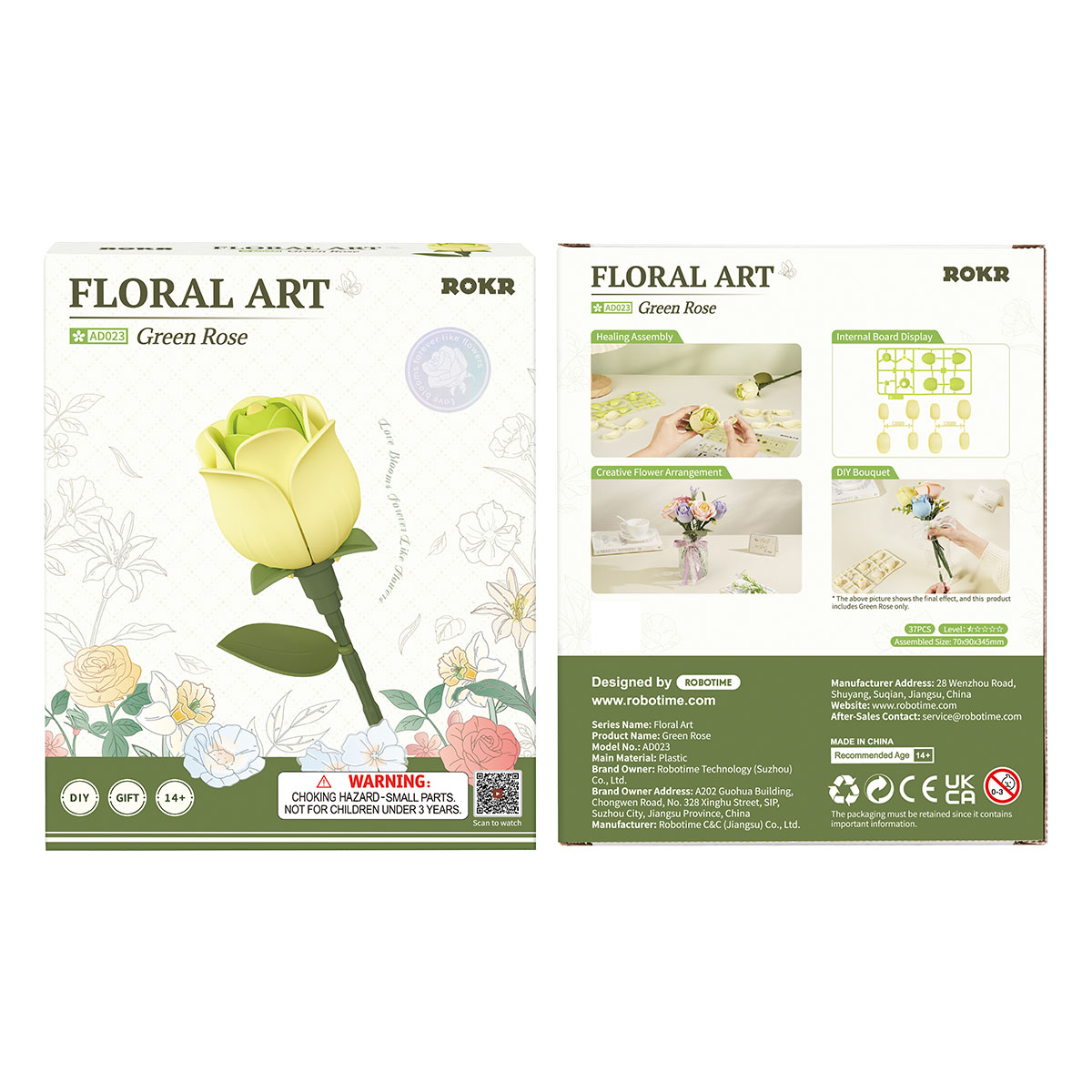 ROKR Art Floral Paquet de Rose Verte devant et derrière avec informations d'assemblage