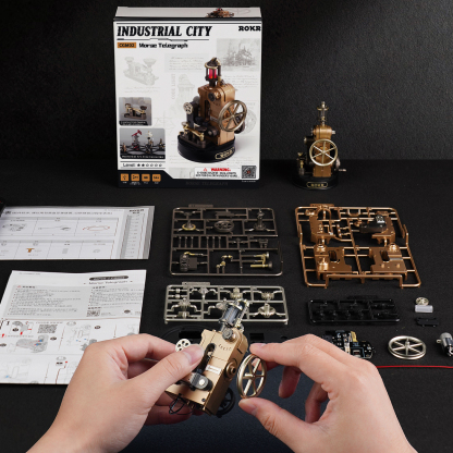 Morse Telegraph assembly scene with instruction sheet, parts, and model