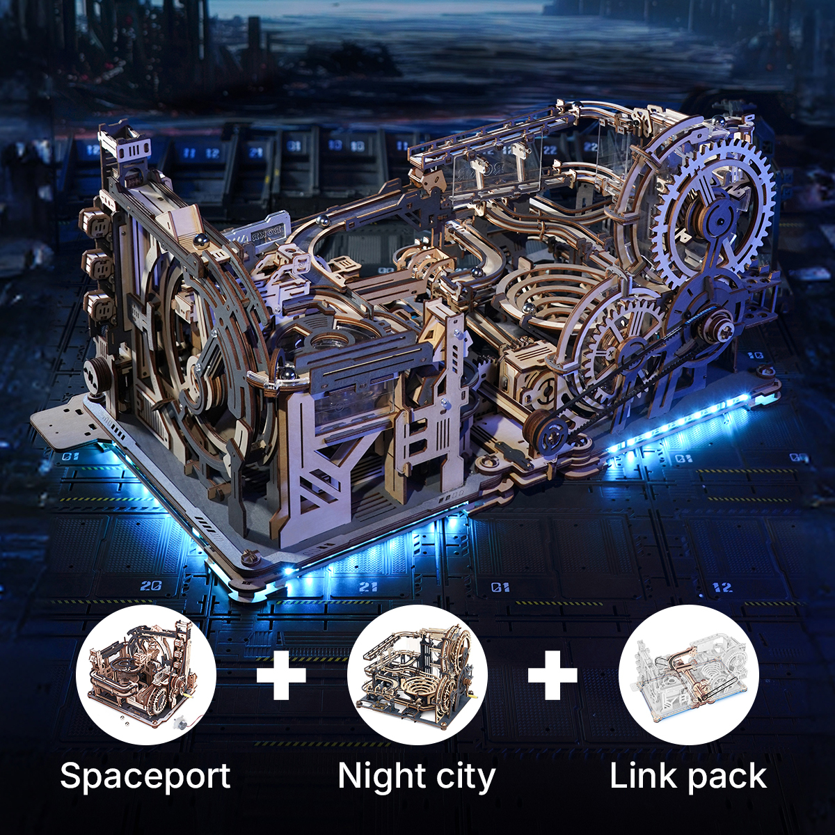 ROKR Marble Run combination set with Spaceport, Night City and Link Pack