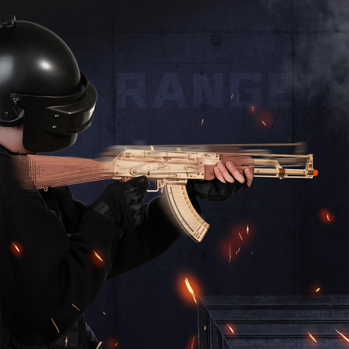 ROKR AK-47 LQ901 toy rifle hero shot held in a dark range scene