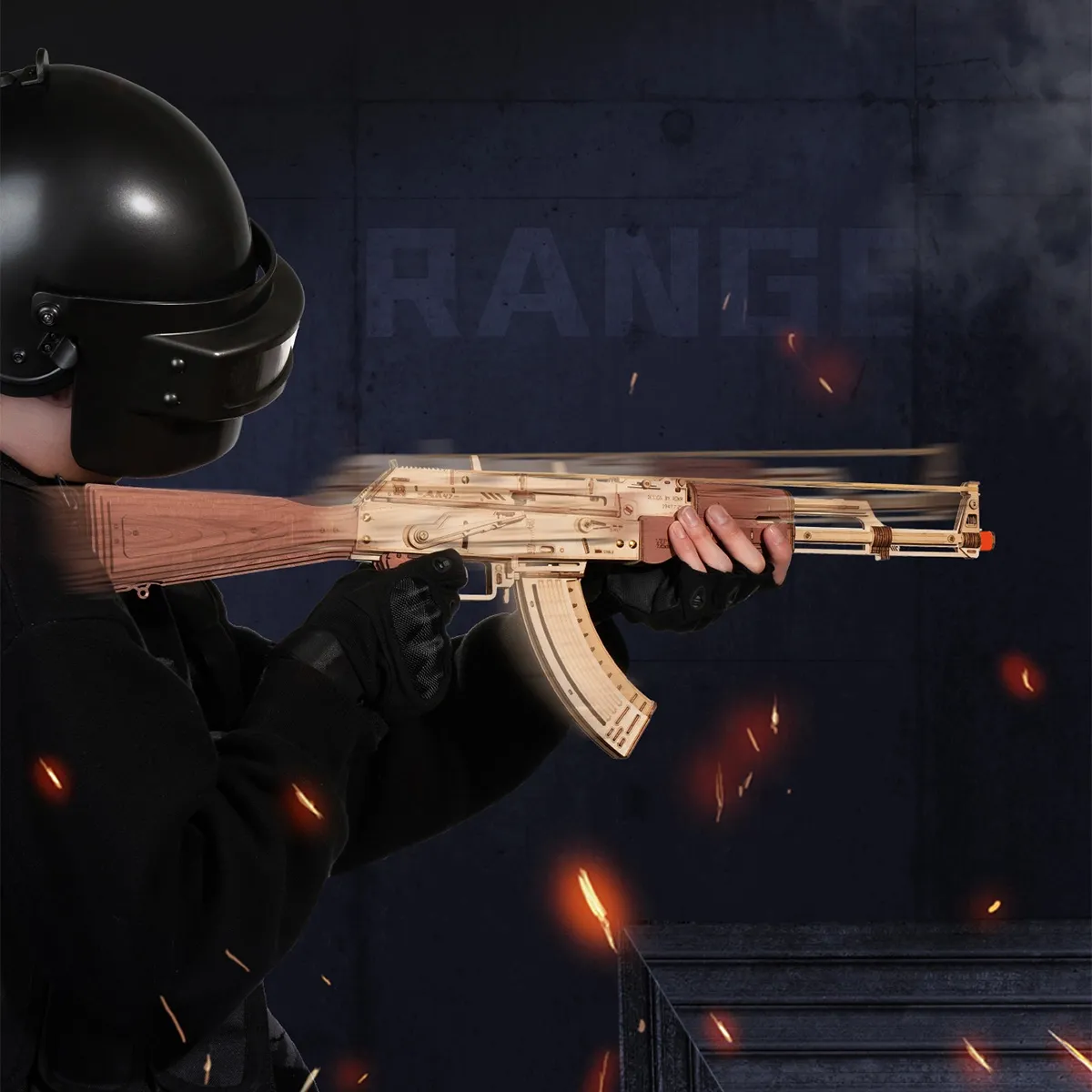 ROKR AK-47 LQ901 toy rifle hero shot held in a dark range scene