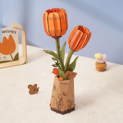 Bouquet de fleurs en bois Rowood, bouquet de tulipes orange dans un pot carré