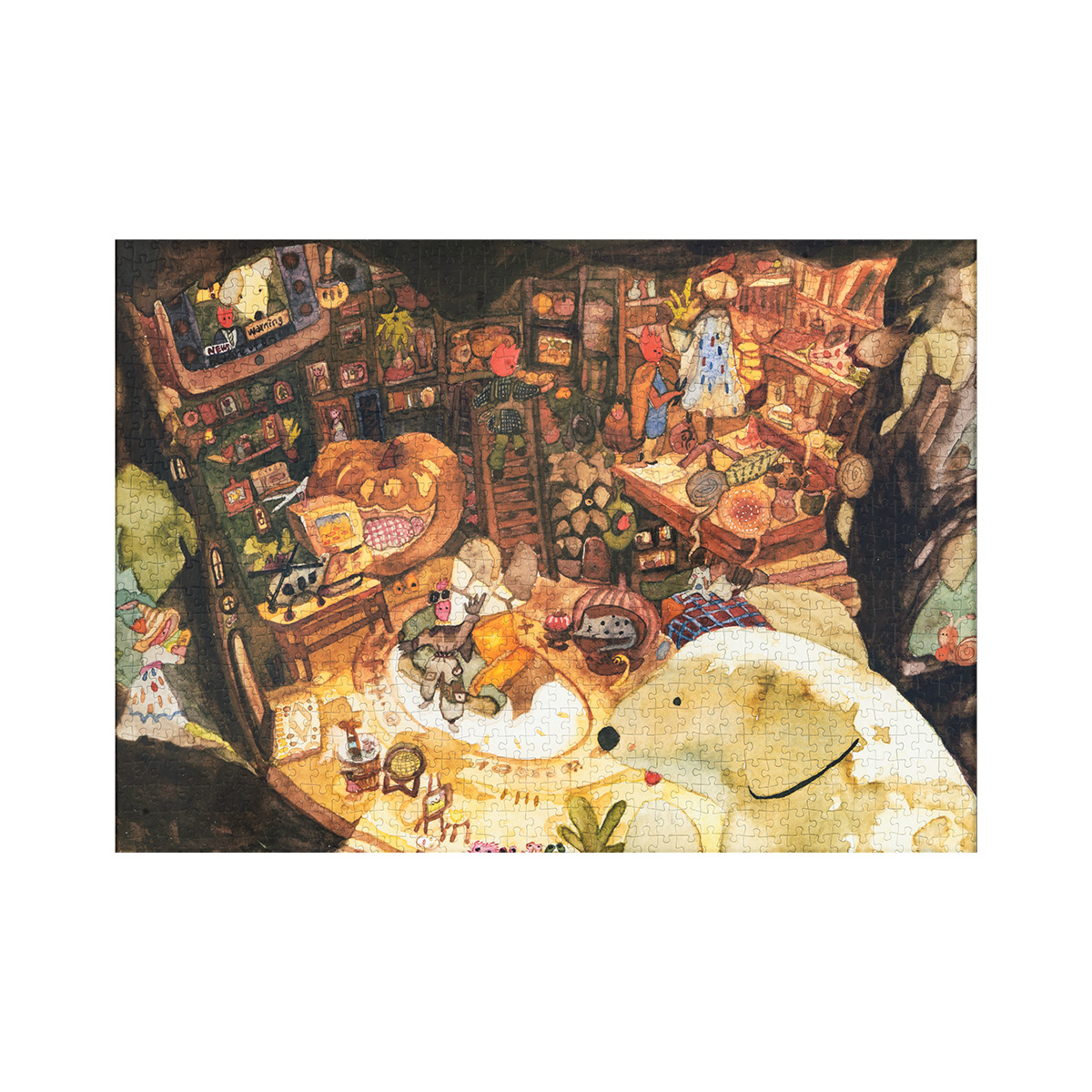 Tree House Tale completed puzzle artwork with cozy animal room