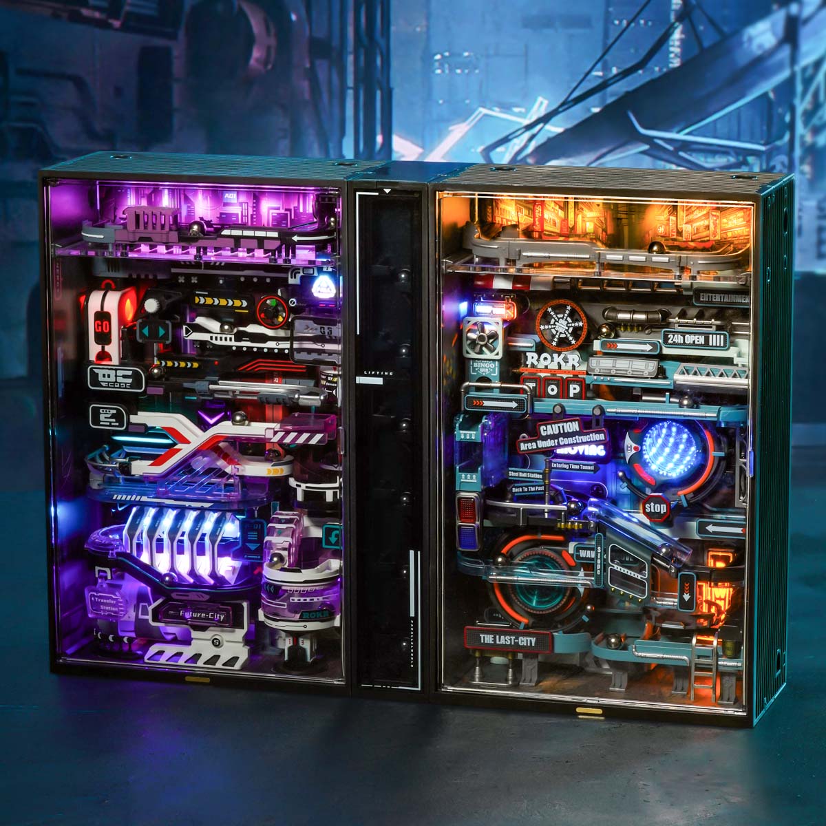 ROKR MR01S en MR02S verbonden marmeren loopmodules met blauwe en paarse lichten