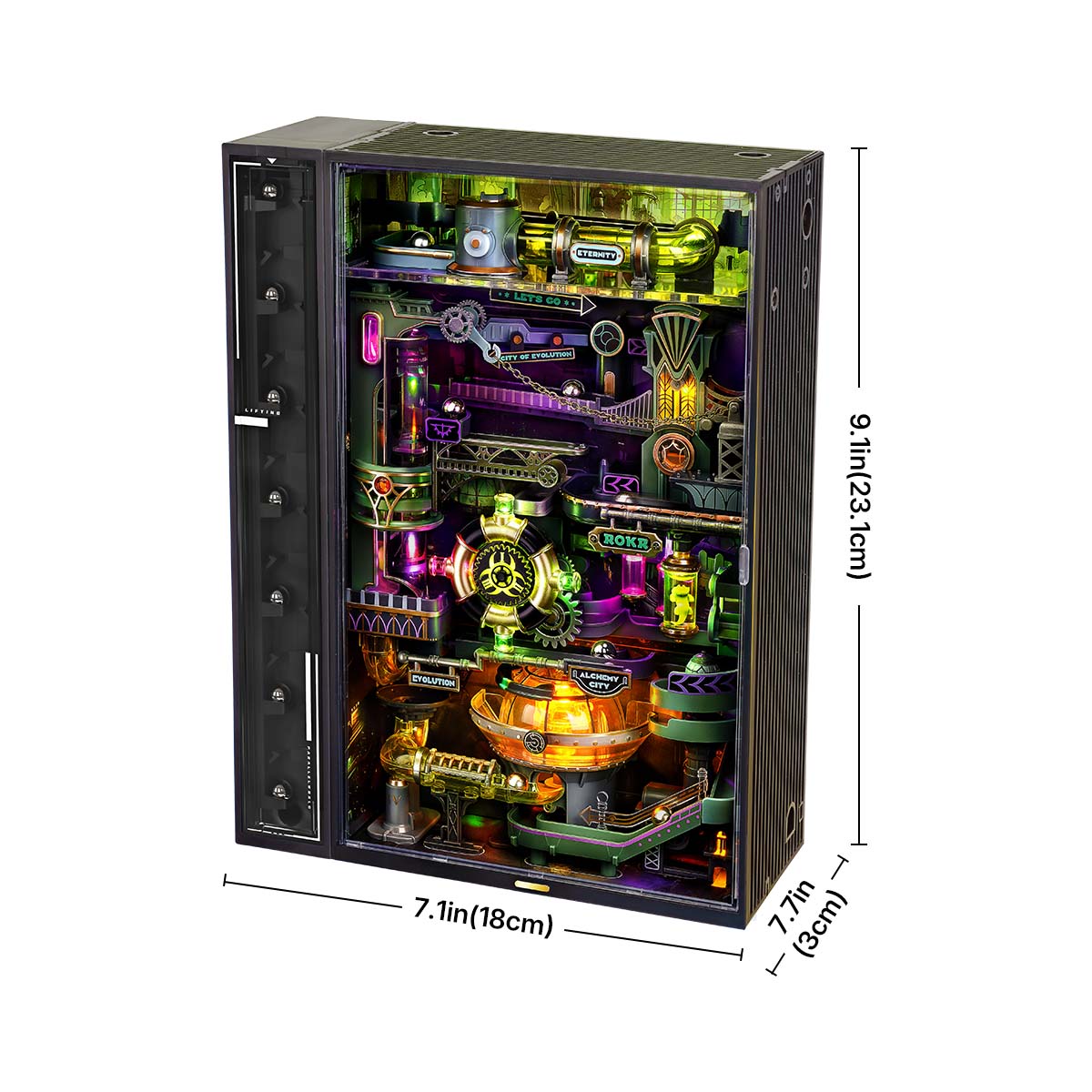 Alchemy City extension display with two connected marble run cabinets