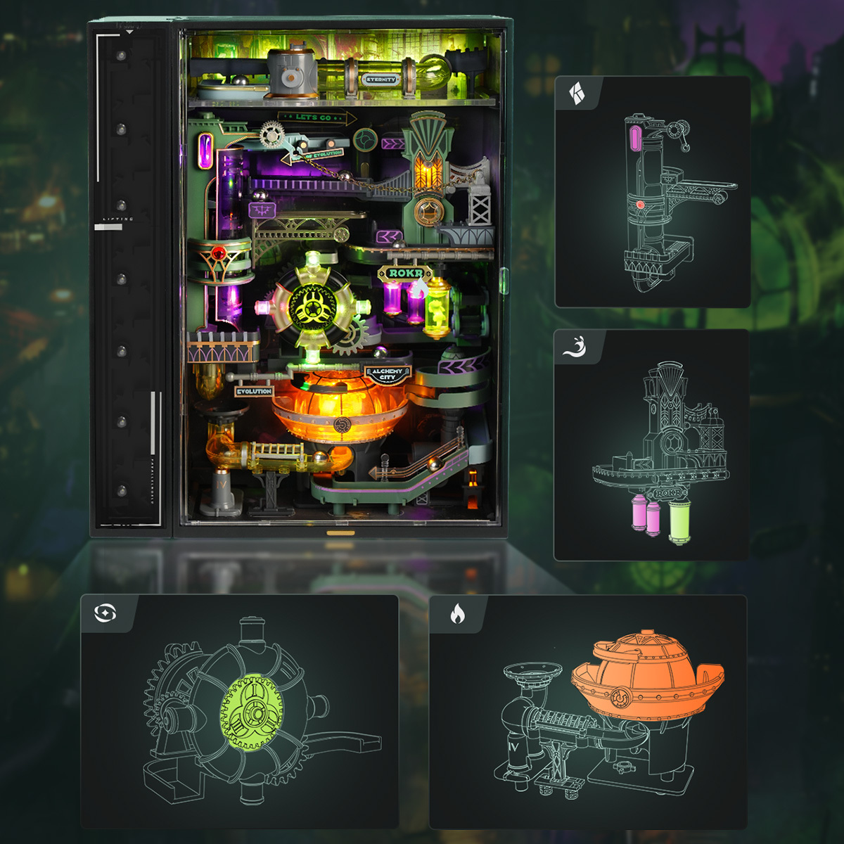 Alchemy City cabinet door opened to show internal marble track