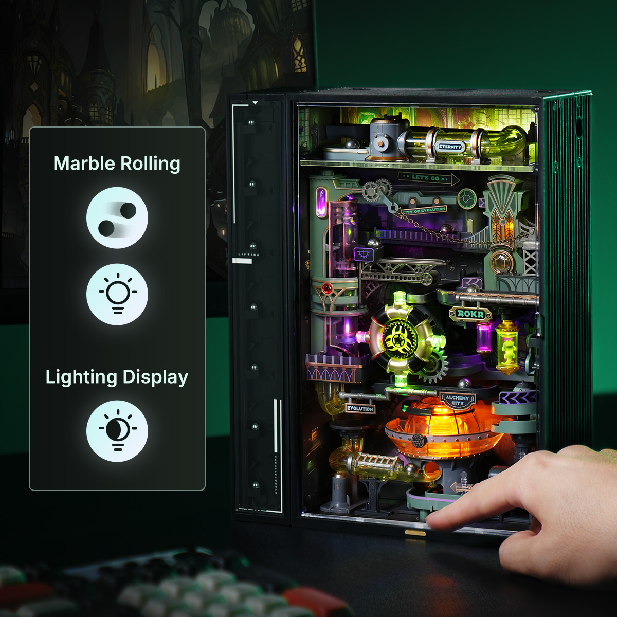 Alchemy City feature overview with mechanical core and reaction nodes