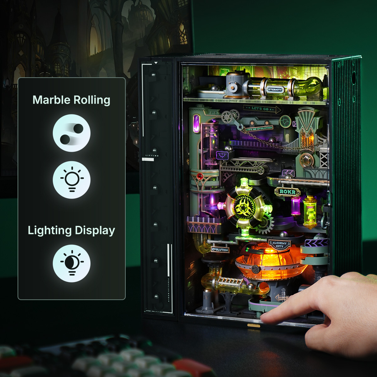 Alchemy City feature overview with mechanical core and reaction nodes
