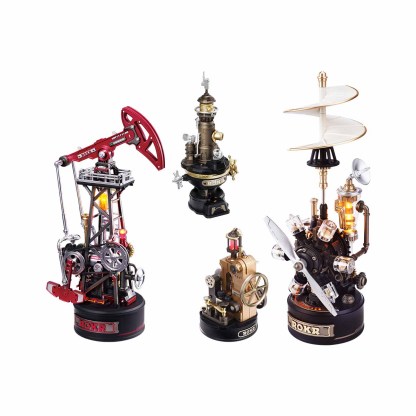 Industrial City mechanical model collection with oil pump jack, lighthouse, and helicopter