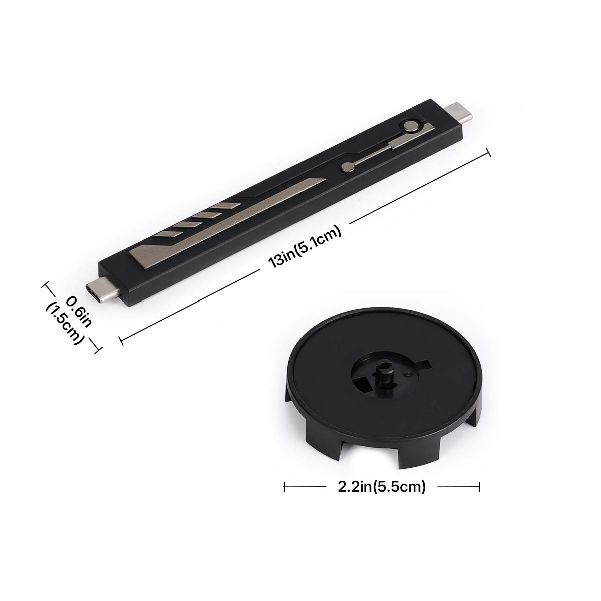Industrial City electric connector size graphic with rail and round base dimensions
