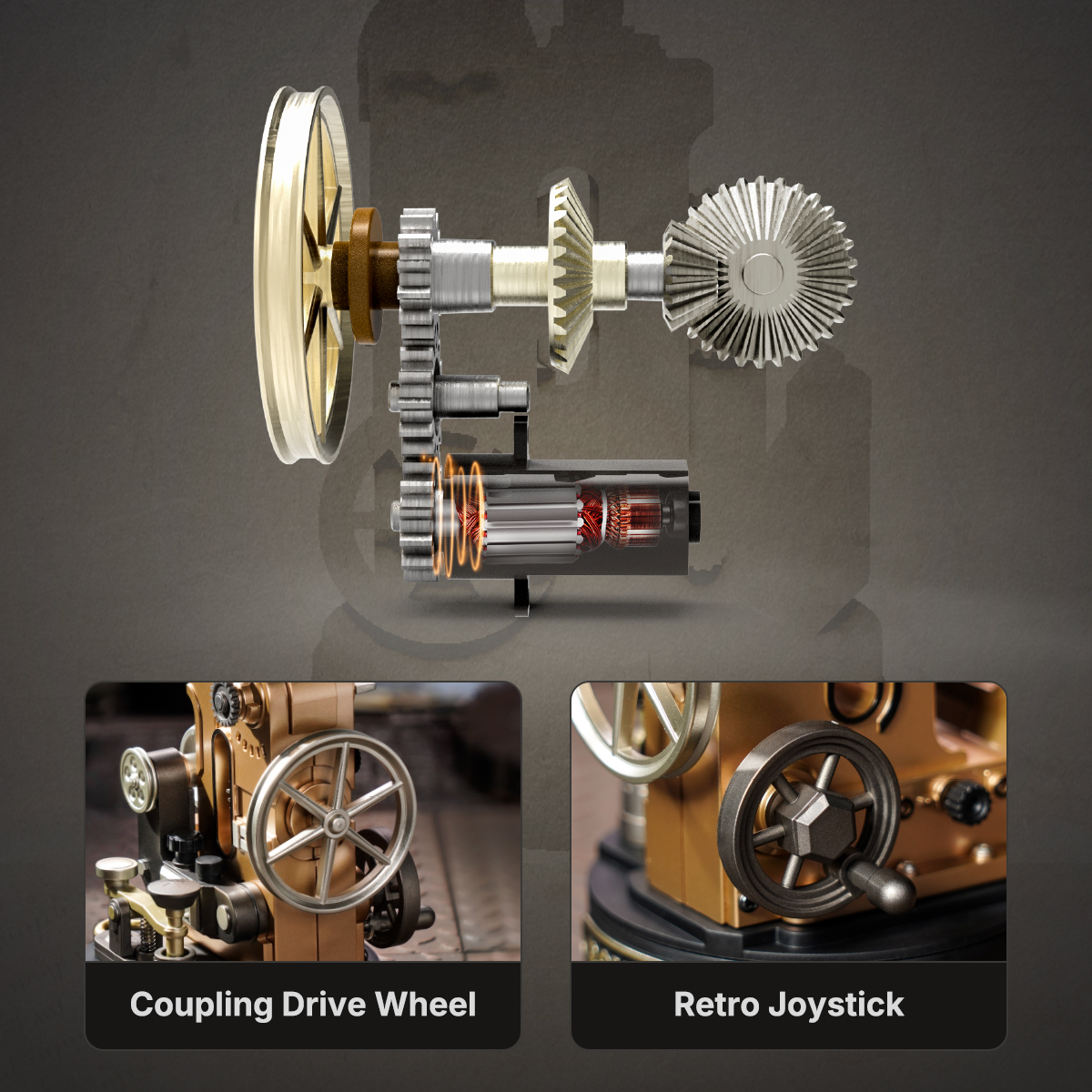 Morse Telegraph bevel gear drive and retro joystick mechanism close-up