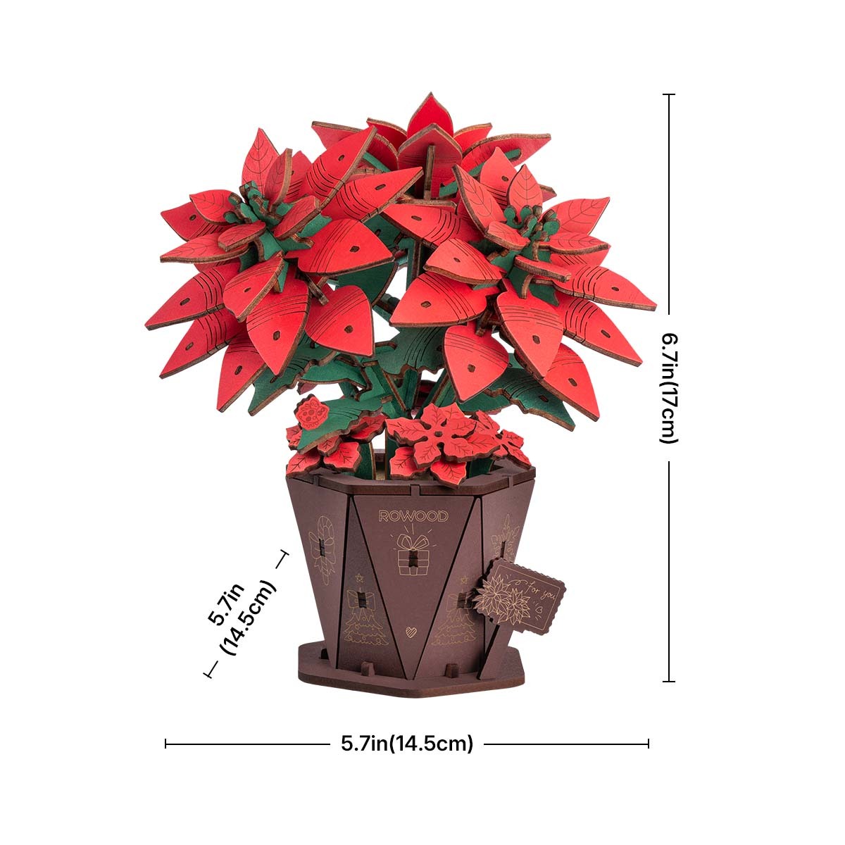 Poinsettia wooden flower assembly close-up with red petals