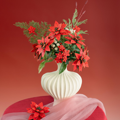 Poinsettia TF001 wooden flower bouquet with gift card and red background