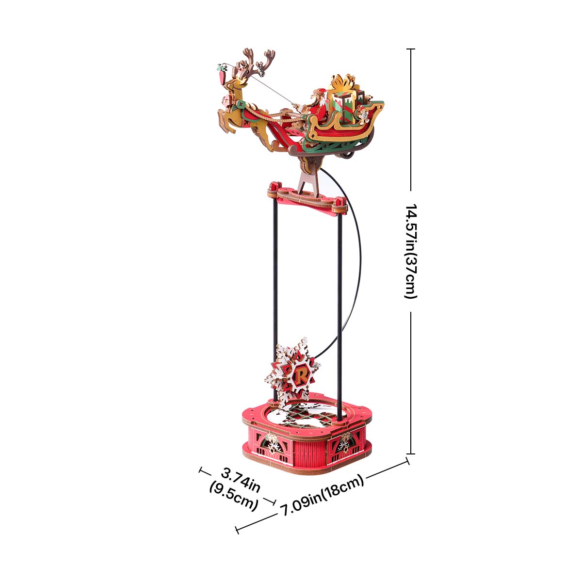 Santa on Sleigh size graphic showing assembled dimensions of 18 x 9.5 x 37 cm