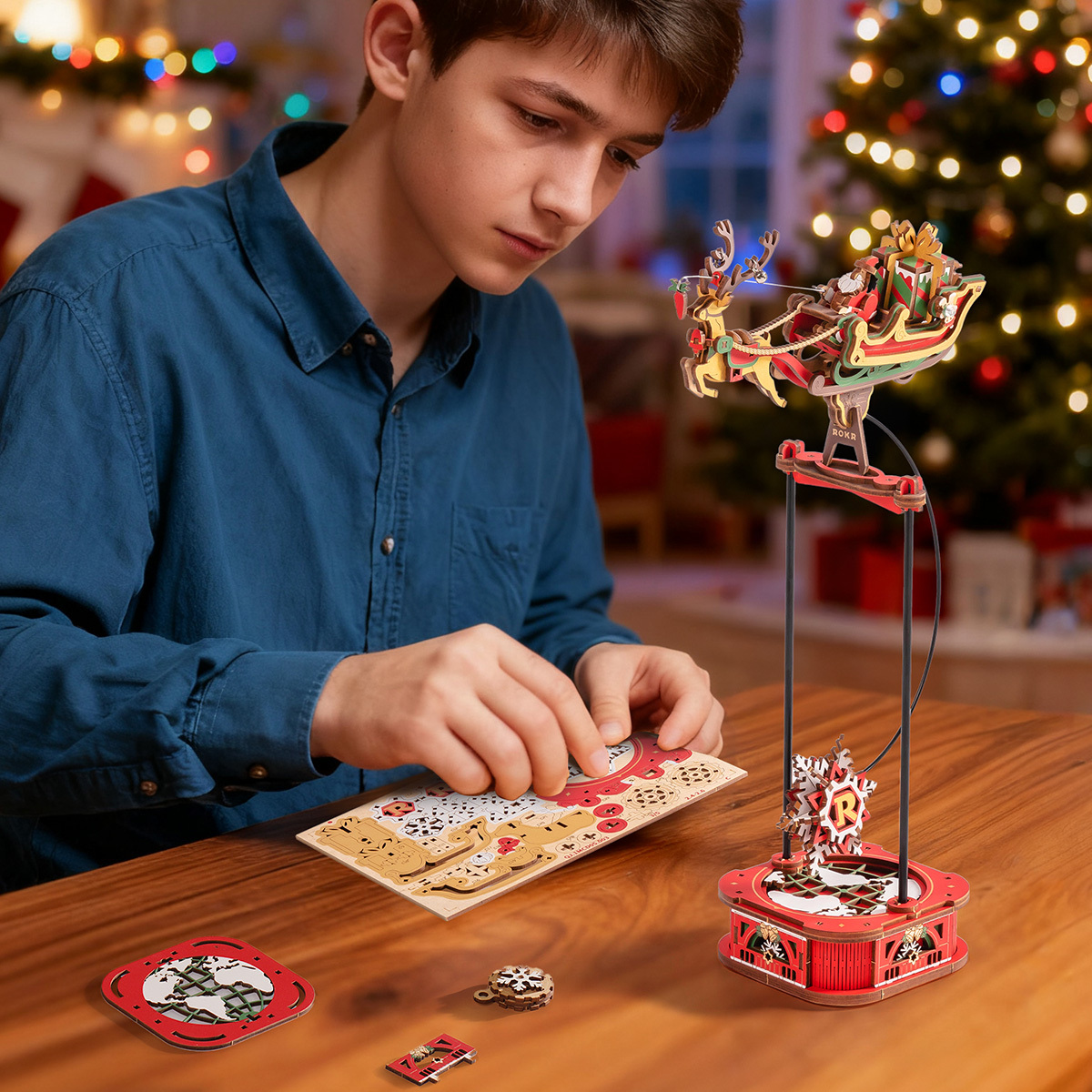 Santa on Sleigh assembly scene with pieces and Christmas display