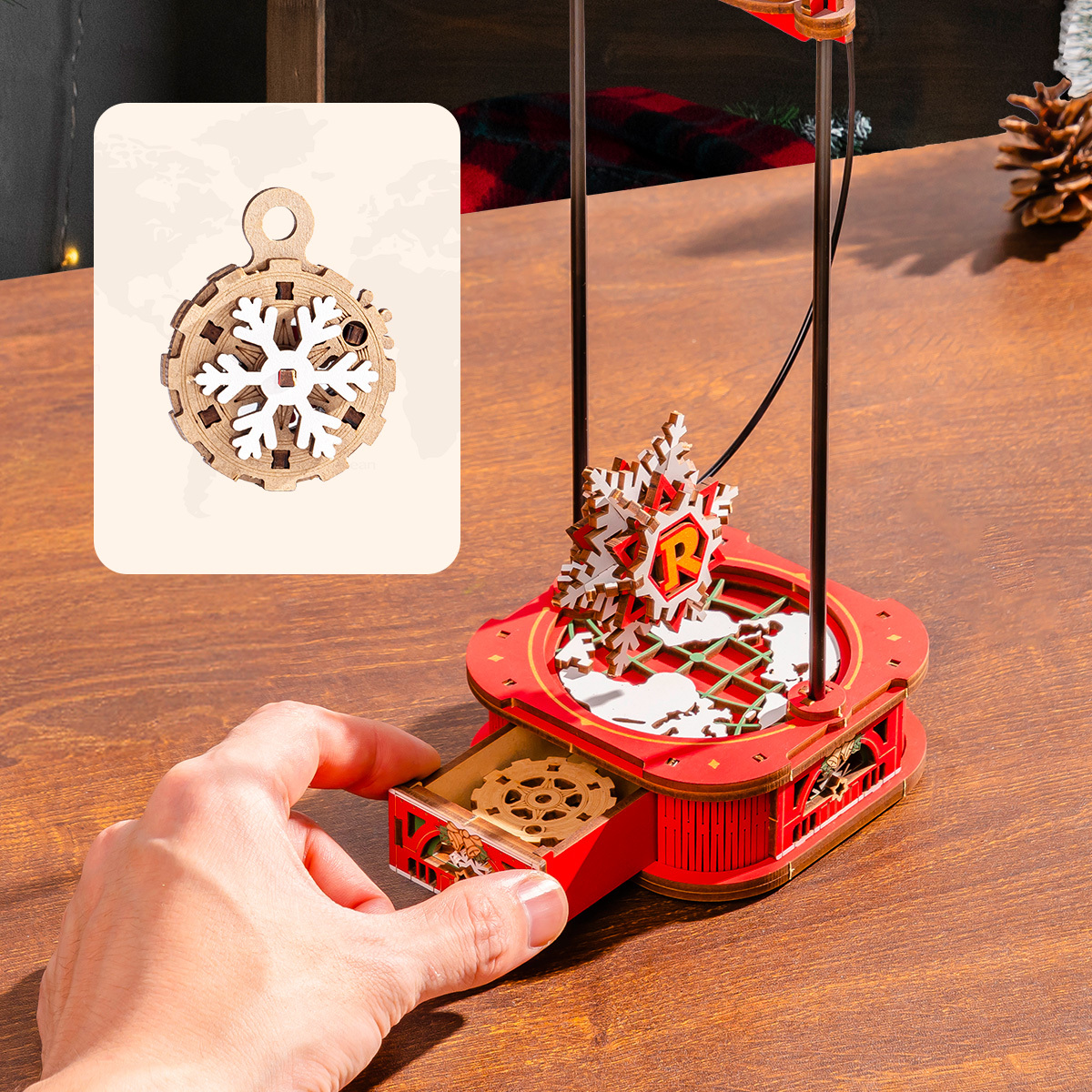 Santa on Sleigh base close-up with compass ornament detail