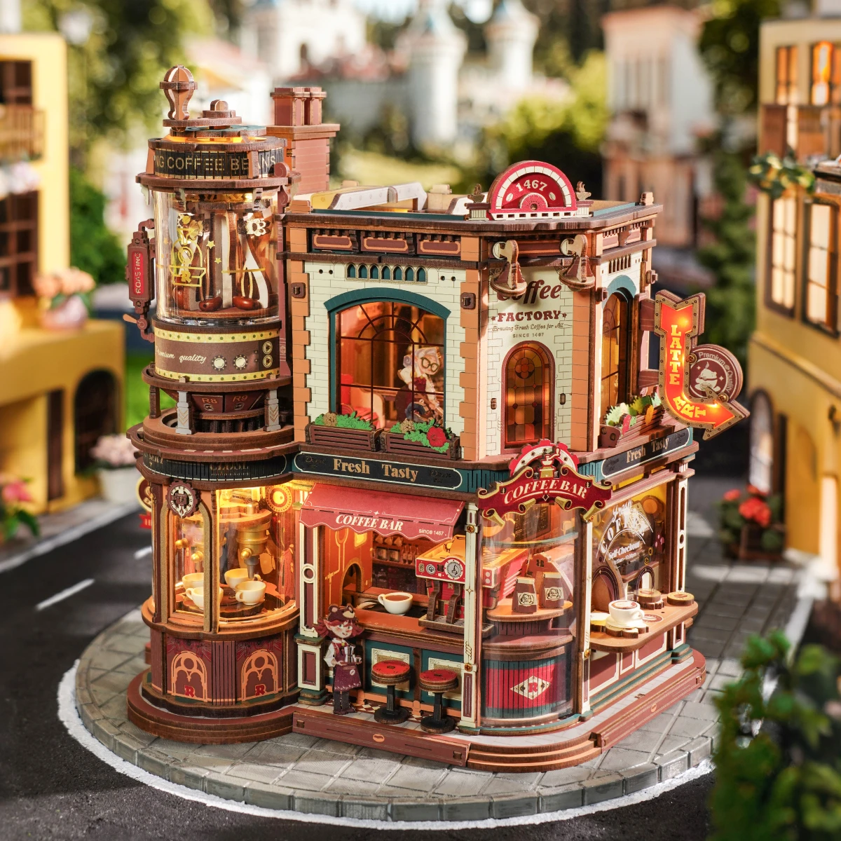 ROKR Dream Coffee Factory detailed street cafe model in outdoor scene