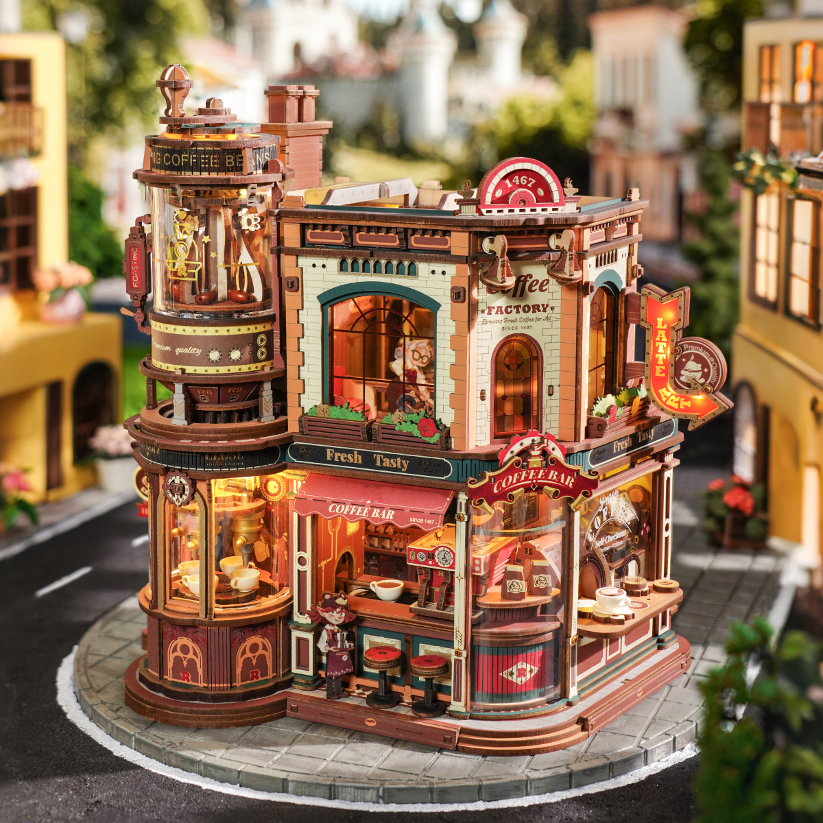 ROKR Dream Coffee Factory detailed street cafe model in outdoor scene