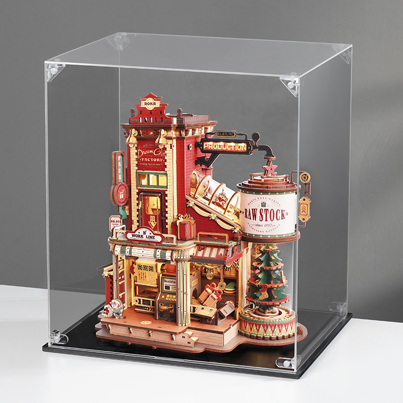 ROKR Display Case RFM04 product information with PC material, 28.6x22.9x31.3cm assembly size, and 21.4x27.1x30.6cm inner dimensions