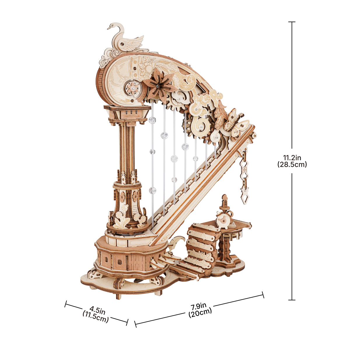 Magic Harp AMK71 size graphic showing 28.5cm height, 19cm length, and 11.5cm width