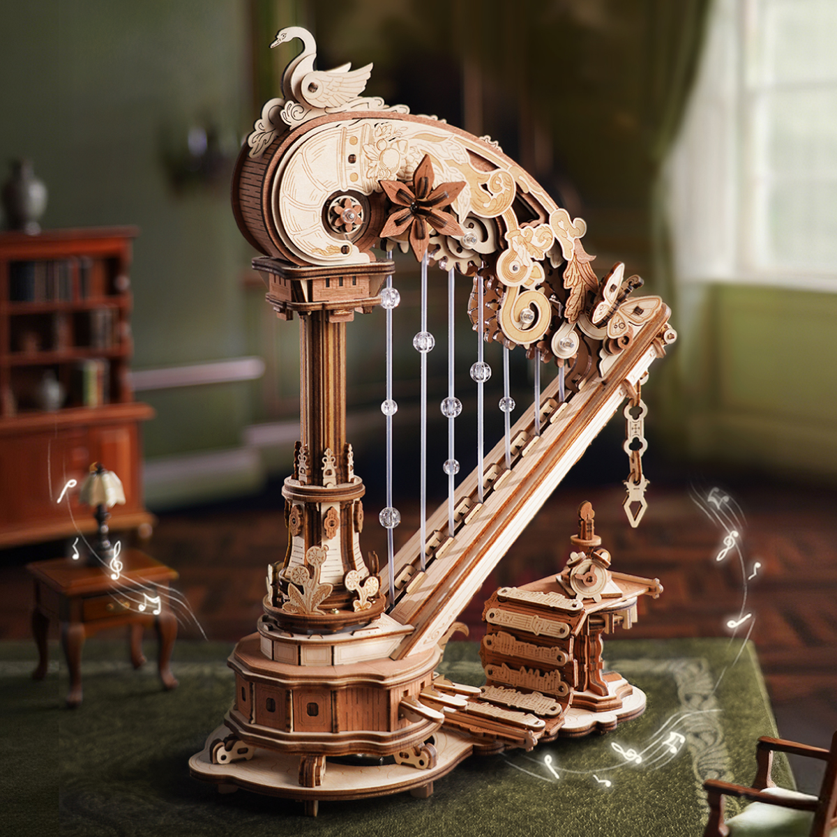 ROKR Magic Harp AMK71 wooden music box model on vintage table