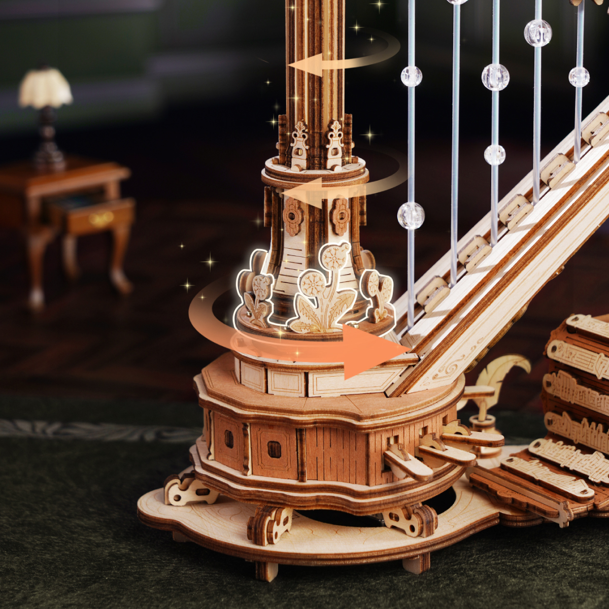 Magic Harp rotating column and hanging pearl string detail
