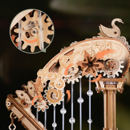 Magic Harp gear transmission and swan detail close-up
