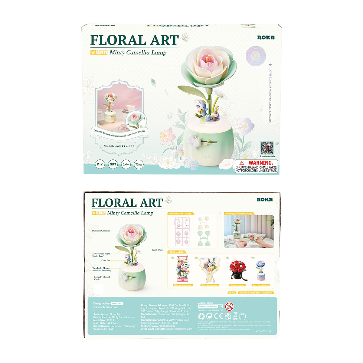 Minty Camellia Lamp package front and back with product information