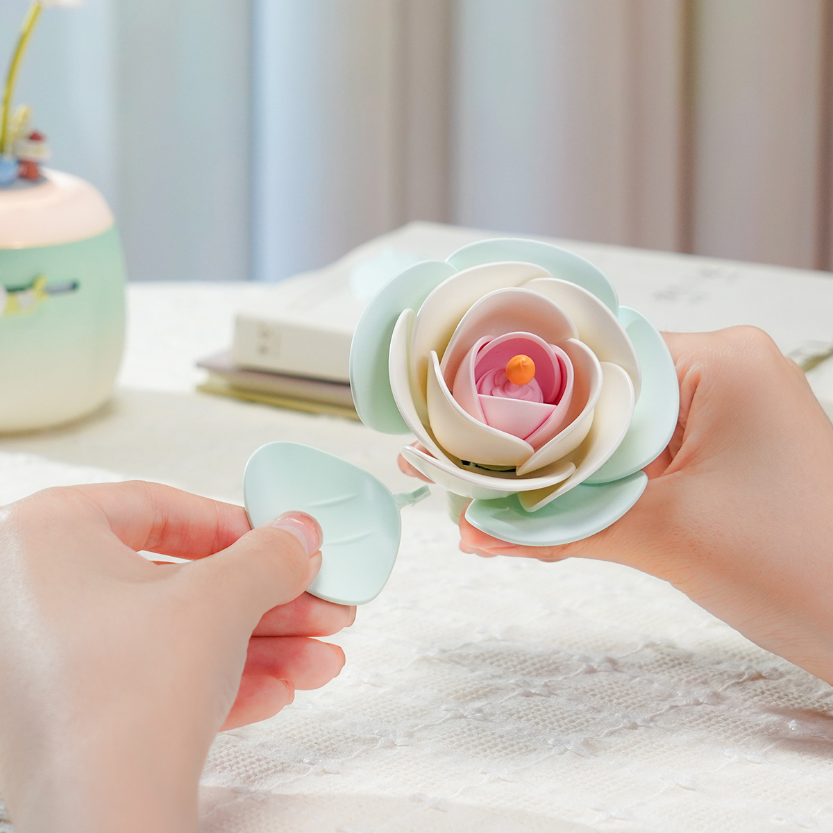Minty Camellia Lamp flower petal assembly close-up