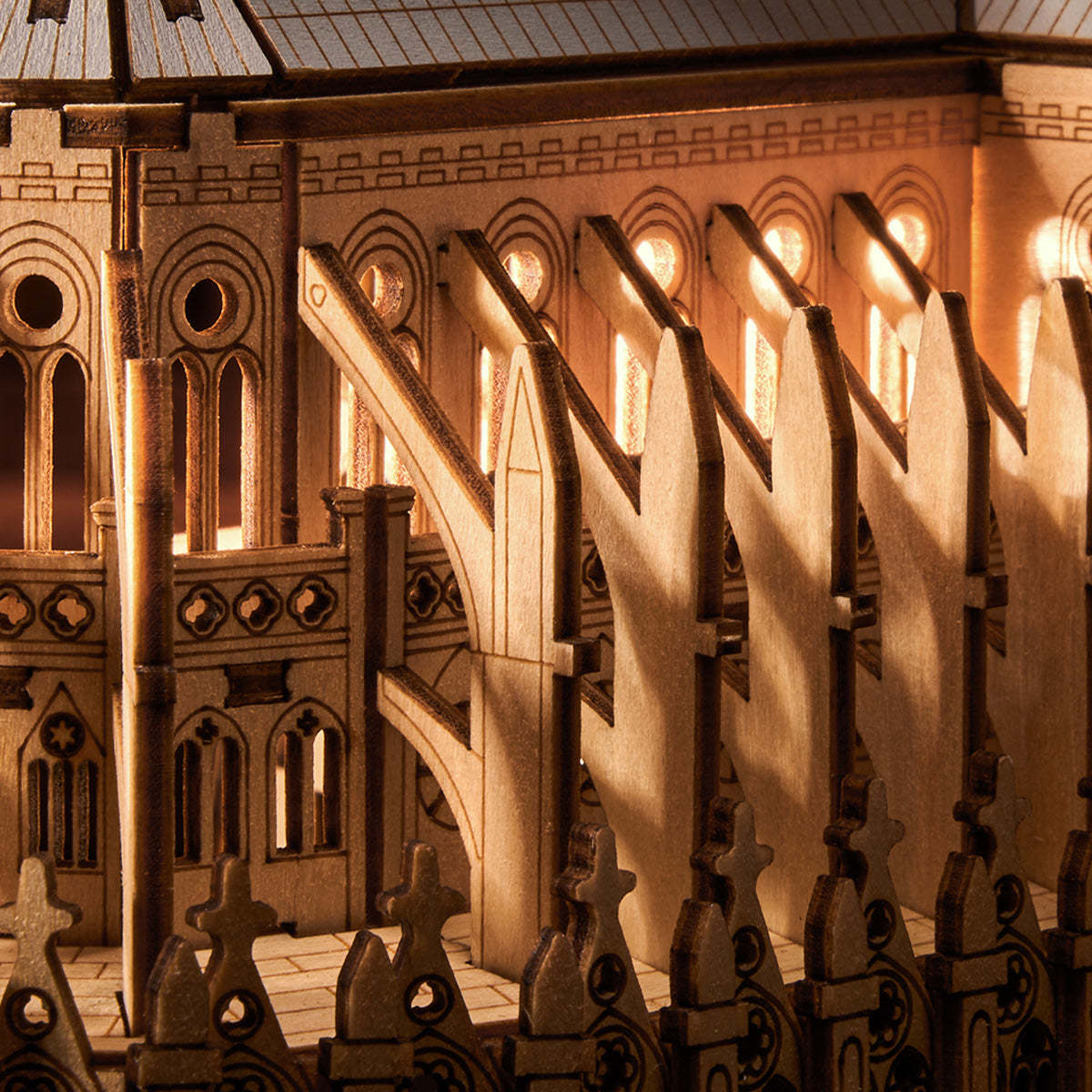 Paris Cathedral flying buttress and arched facade close-up