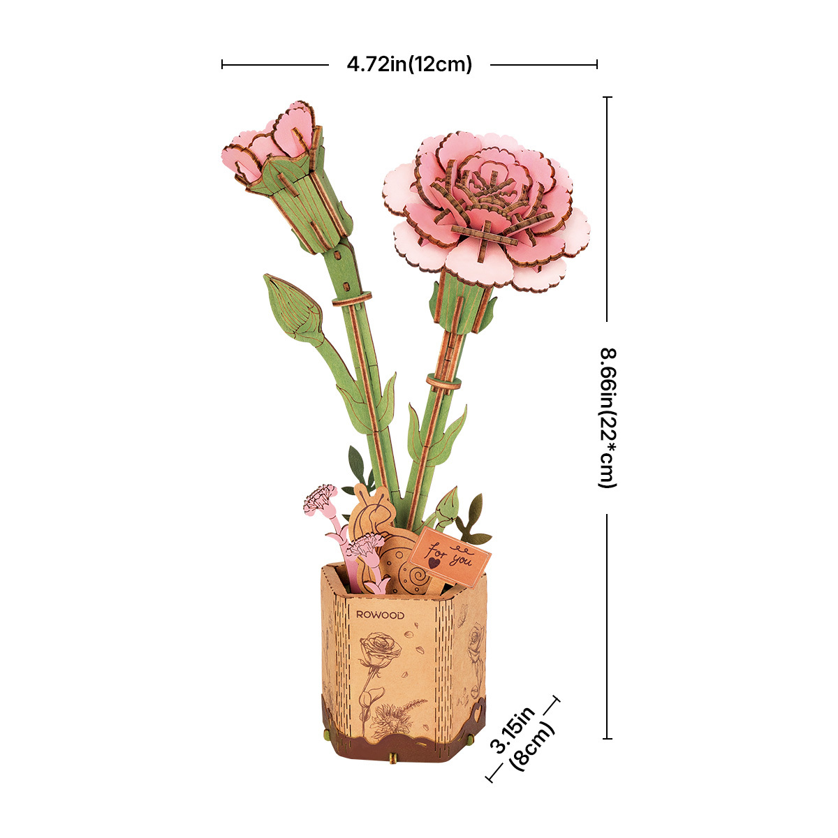 Rowood Pink Carnation TW051 size graphic showing 12 cm width and 23.5 cm height
