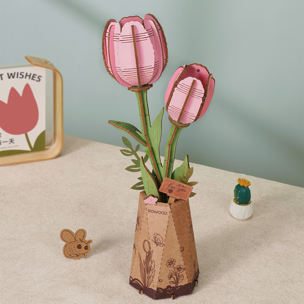 Bouquet de fleurs en bois Rowood, bouquet de tulipes roses dans un pot carré