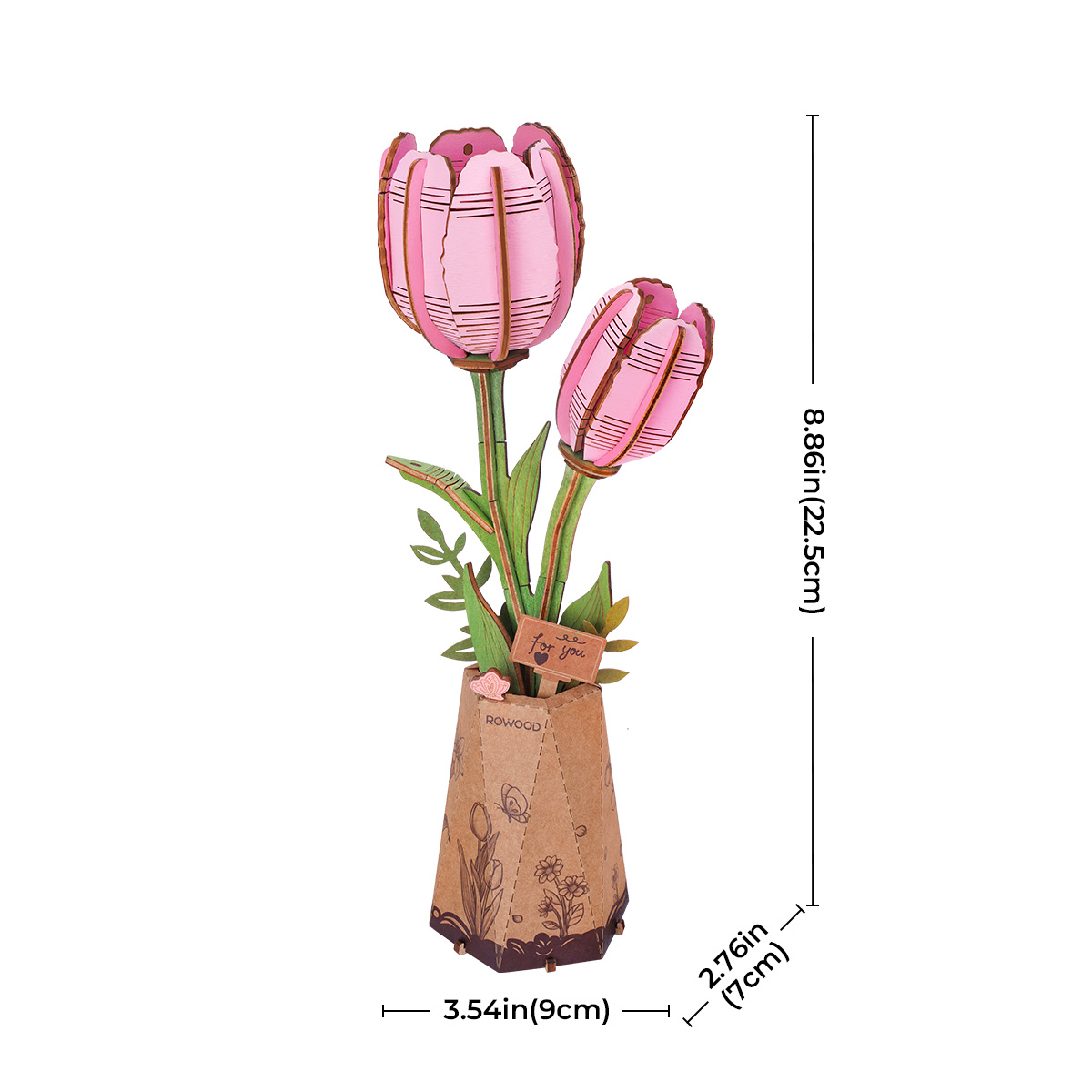 Rowood Pink Tulip TW082 taille graphique montrant 9 cm de largeur et 25 cm de hauteur