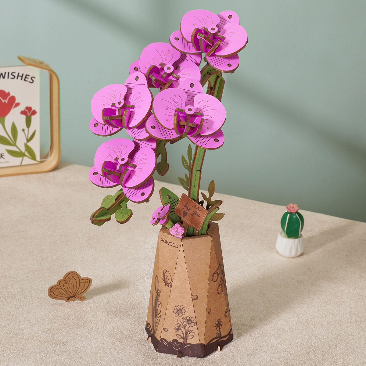 Bouquet de fleurs en bois Rowood, bouquet d'orchidées violettes dans un pot carré
