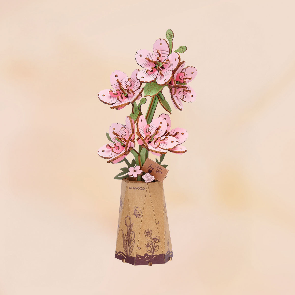 Bouquet de fleurs en bois Rowood, bouquet de fleurs de cerisier rose dans un pot carré