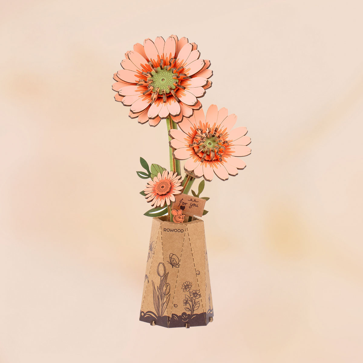 Bouquet de fleurs en bois Rowood, bouquet de gerberas pêche dans un pot carré