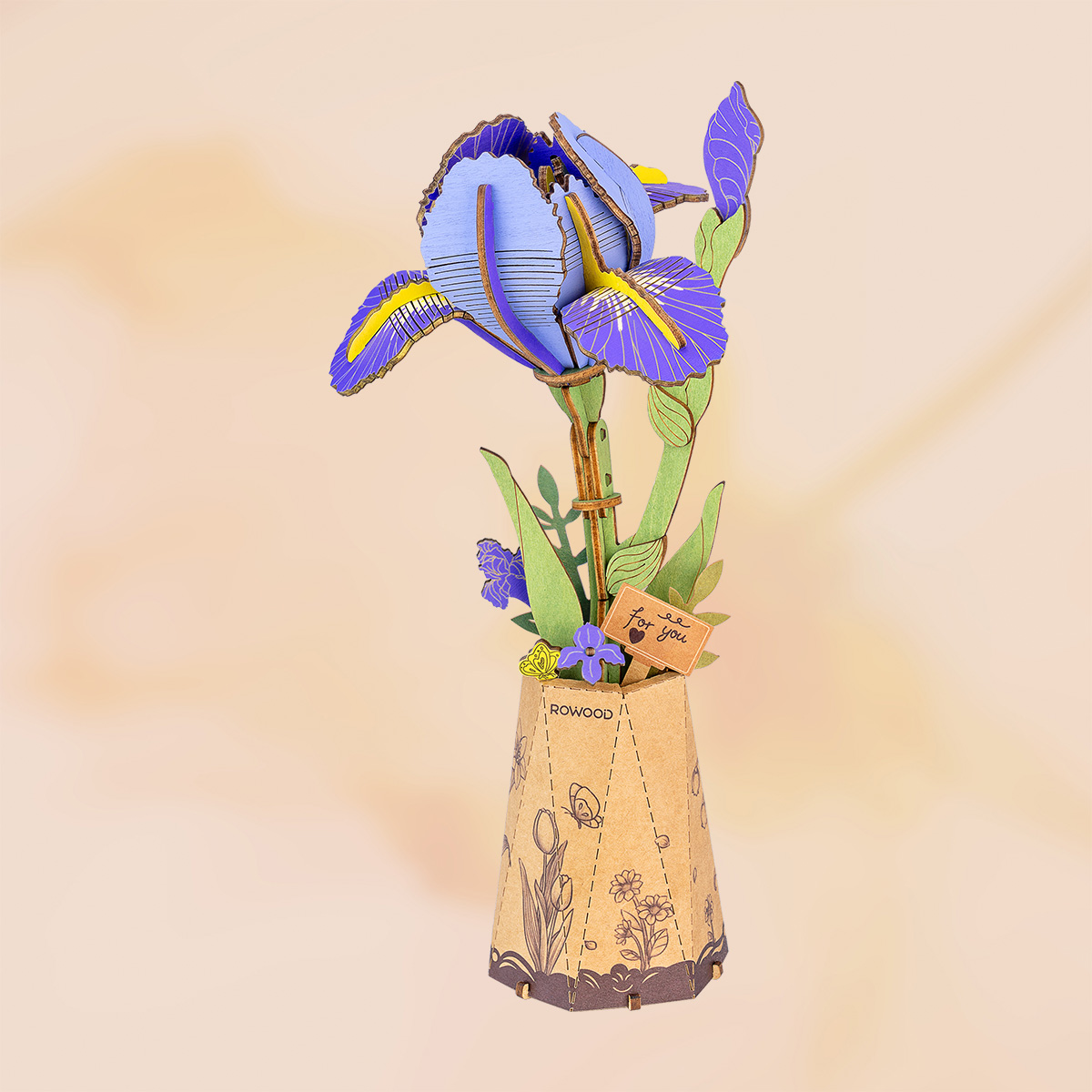 Rowood Purple Iris TW121 wooden flower model in vintage pot